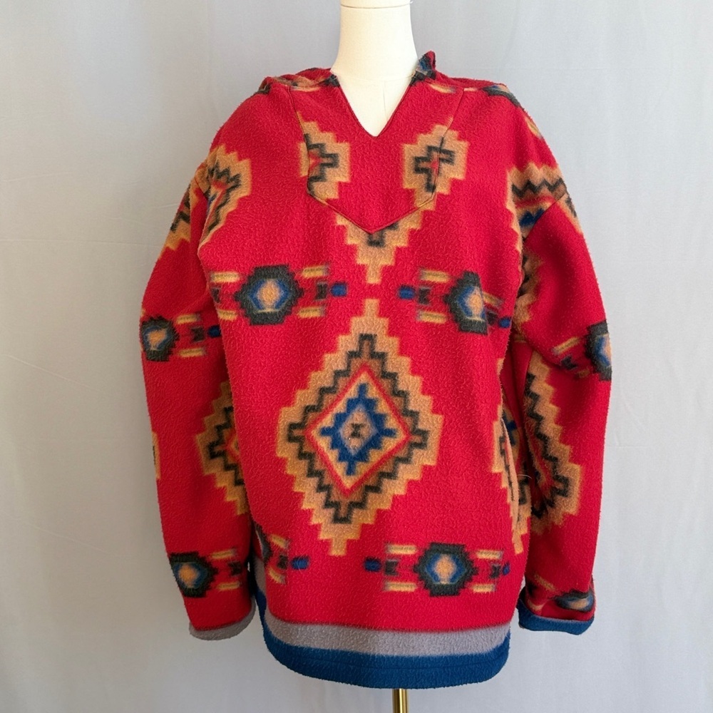 Bold Southwestern Inspired Geometric Navajo Red Sweater With Side Pockets - Picture 3 of 7